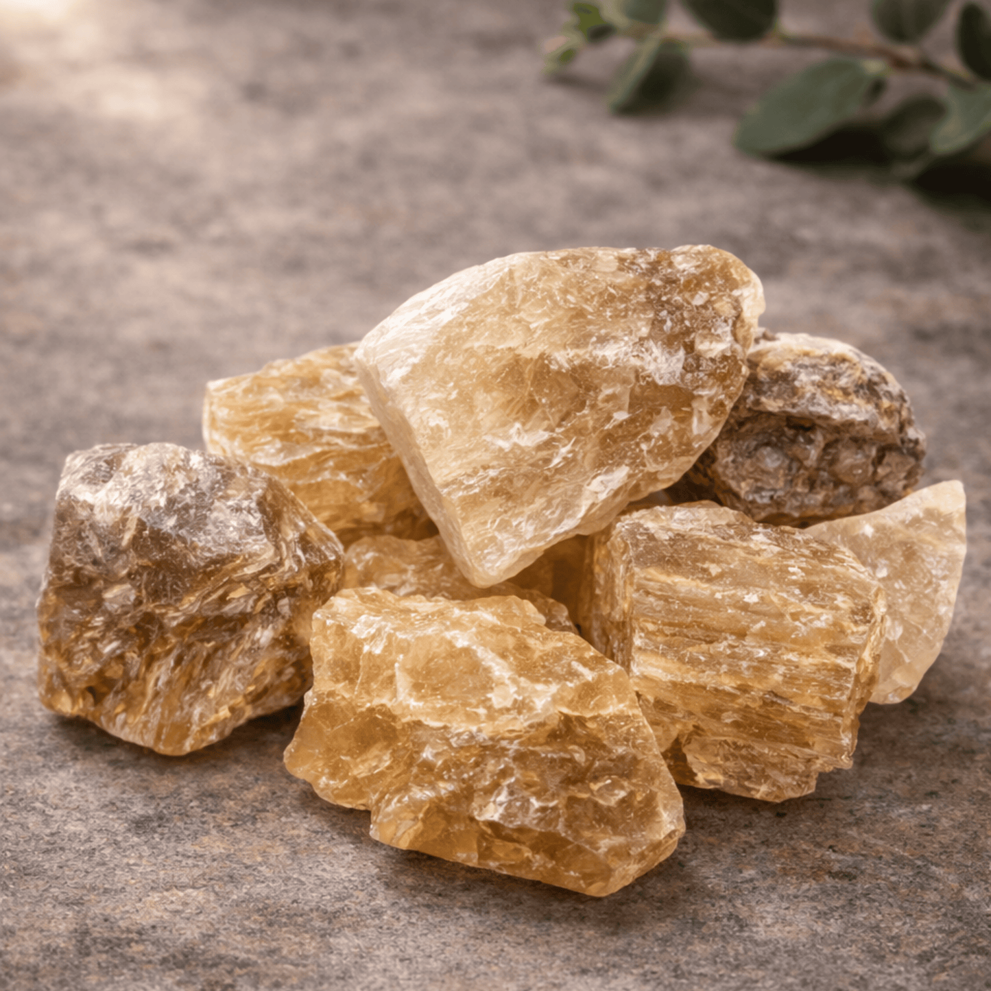 Yellow Flurite amber raw crystals on a stone backgound