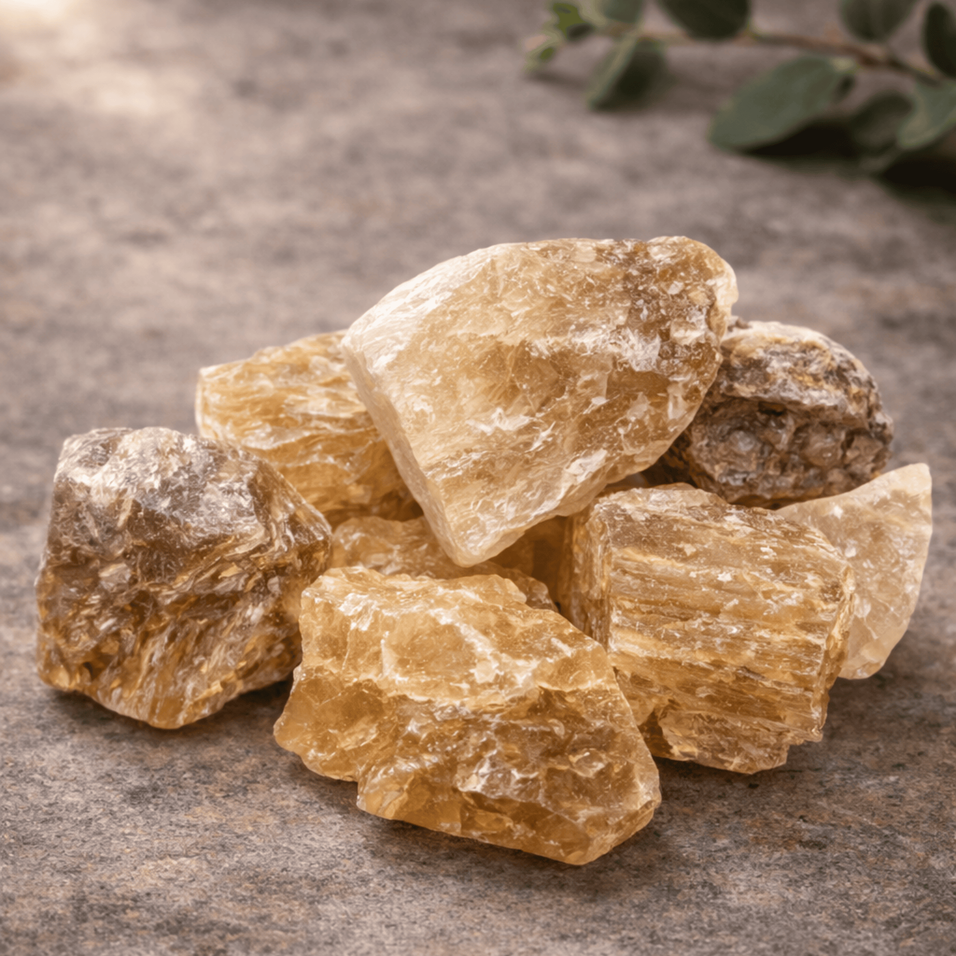 Yellow Flurite amber raw crystals on a stone backgound