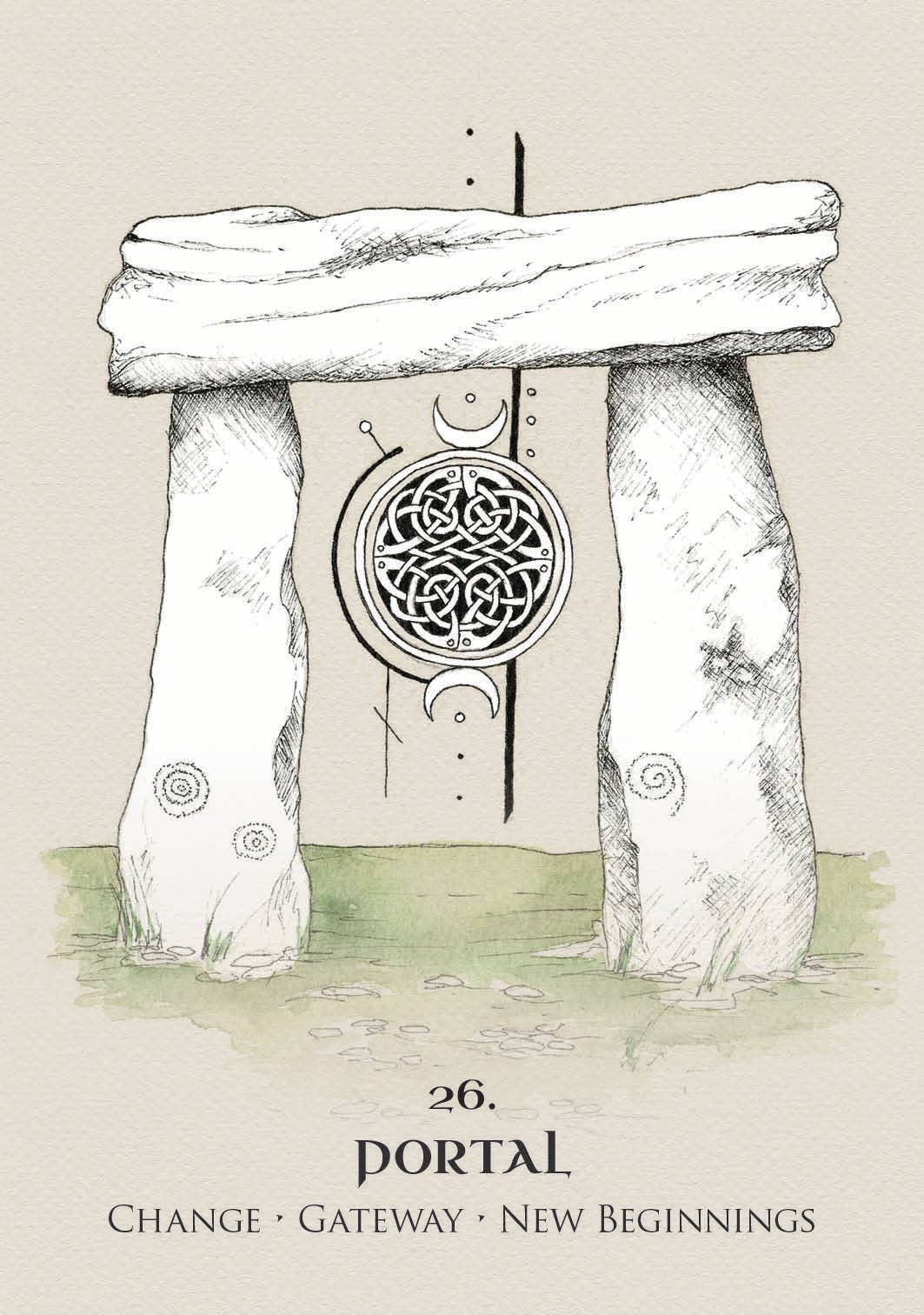 Stone gate with Celtic knot design labeled 'Portal' on a beige background