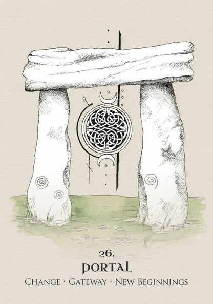 Stone gate with Celtic knot design labeled 'Portal' on a beige background