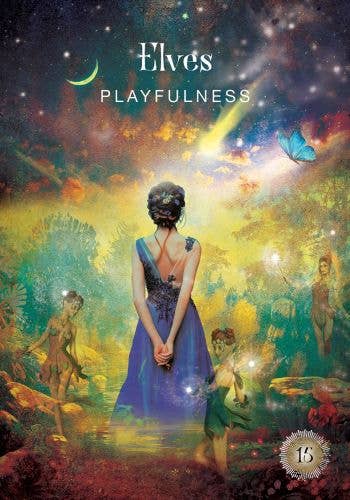 Fantasy illustration of a woman in a blue dress surrounded by fairies and magical elements with 'Elves Playfulness' text.