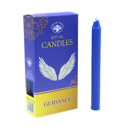 Blue ritual candle with packaging featuring wings and 'Guidance' text on a white background