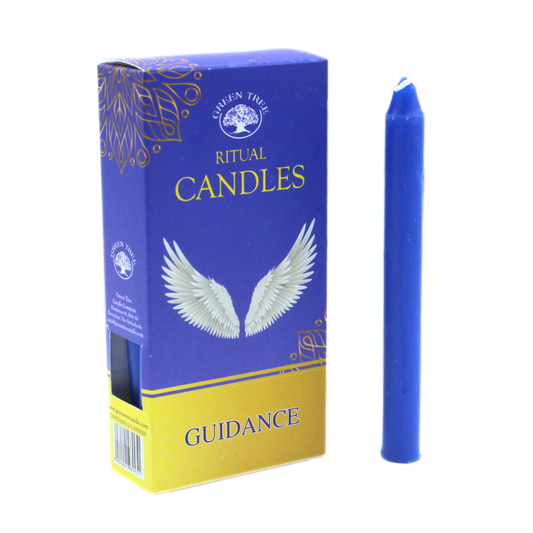 Blue ritual candle with packaging featuring wings and 'Guidance' text on a white background