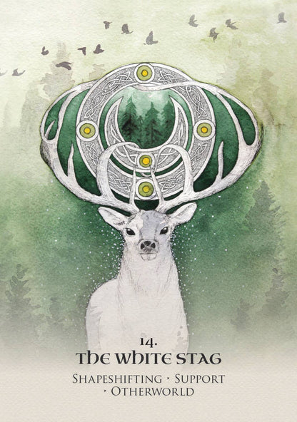 Illustration of a white stag with intricate antlers against a green background