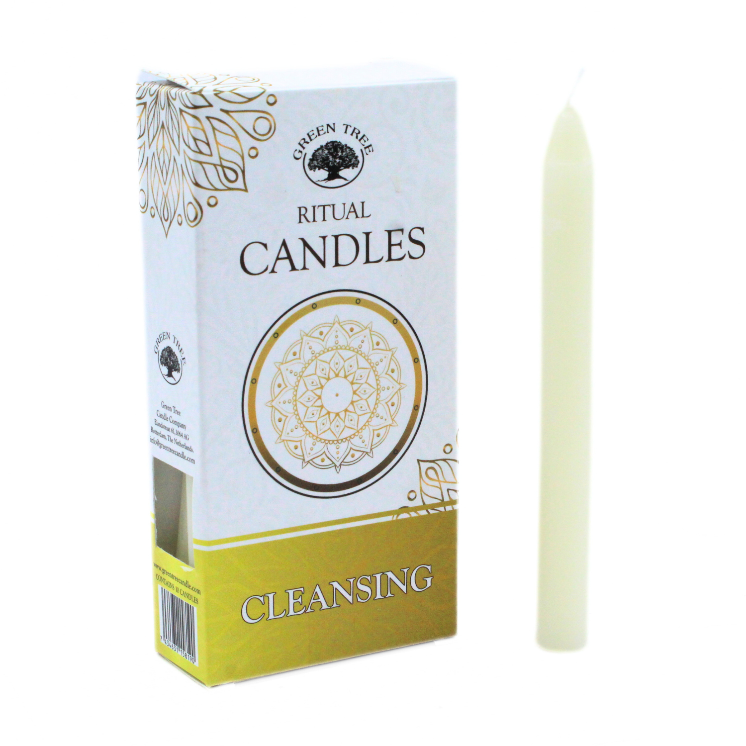 Cleansing ritual candle with packaging on a white background