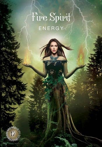 Woman in a forest with flames in her hands, titled 'Fire Spirit Energy'.