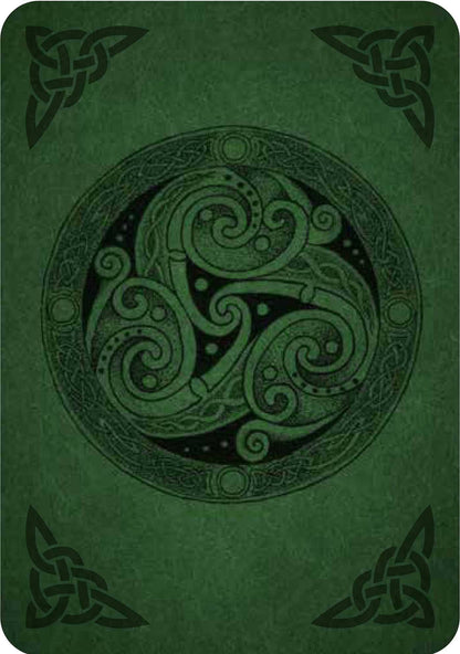 Green card with Celtic knot design on cover