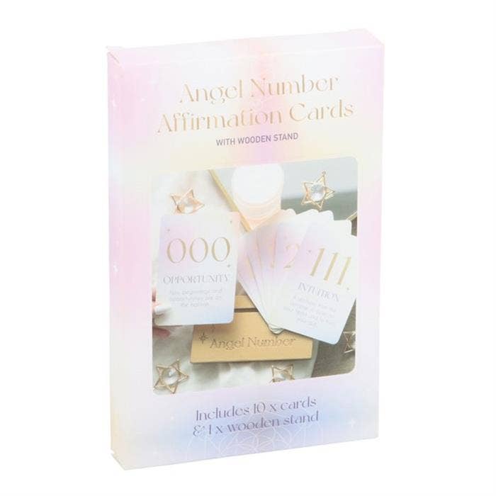 Packaging of Angel Number Affirmation Cards with wooden stand on a white background