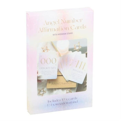 Packaging of Angel Number Affirmation Cards with wooden stand on a white background