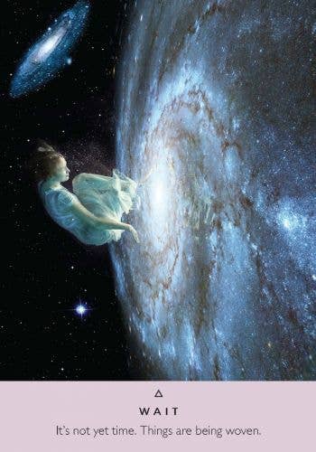 Person in a cloud-like form floating towards a spiral galaxy with a quote below.