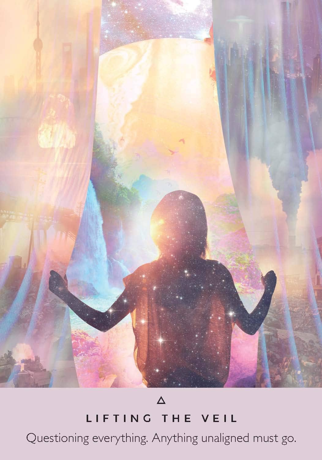 Silhouette of a person with outstretched arms against a colorful, ethereal background with text 'Lifting the Veil'.