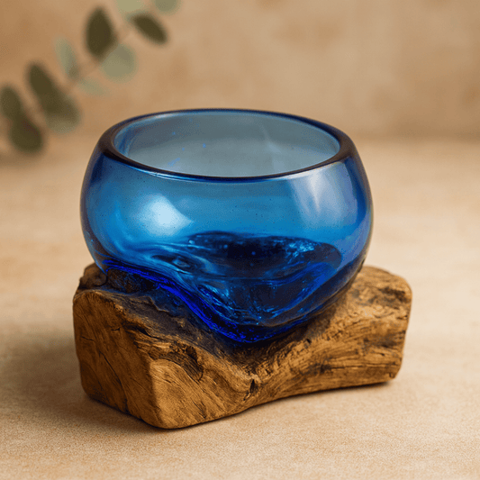MOLTEN GLASS MINI BLUE BOWL ON WOODHOLDER