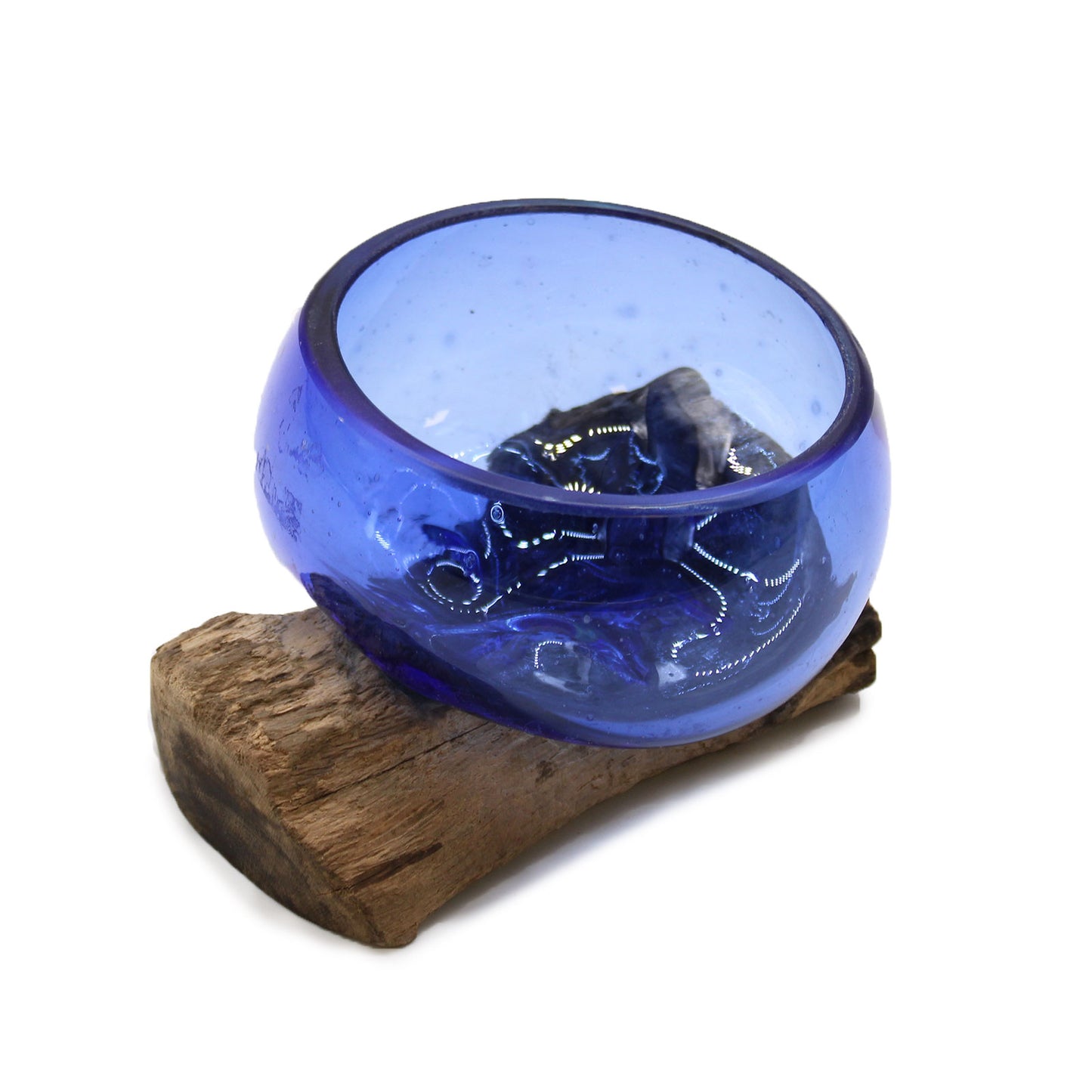 MOLTEN GLASS MINI BLUE BOWL ON WOODHOLDER