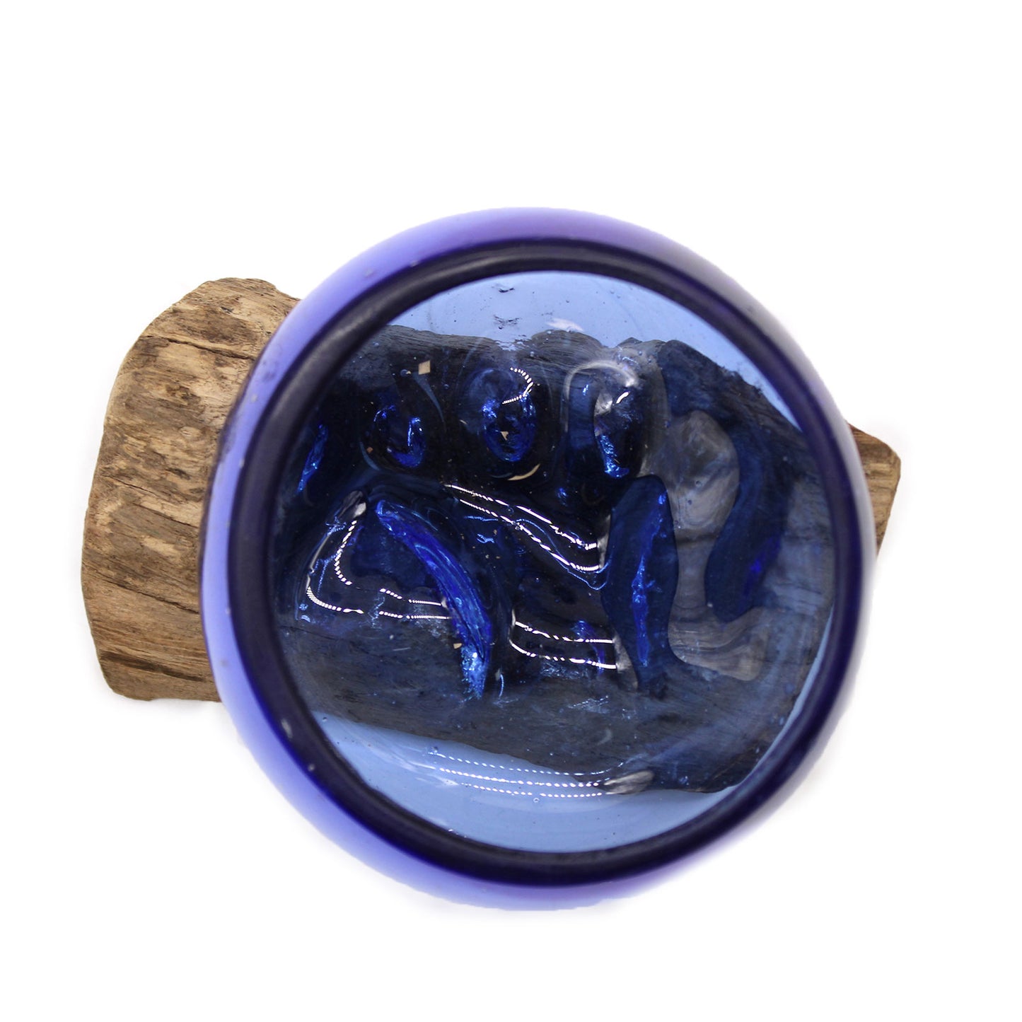 MOLTEN GLASS MINI BLUE BOWL ON WOODHOLDER