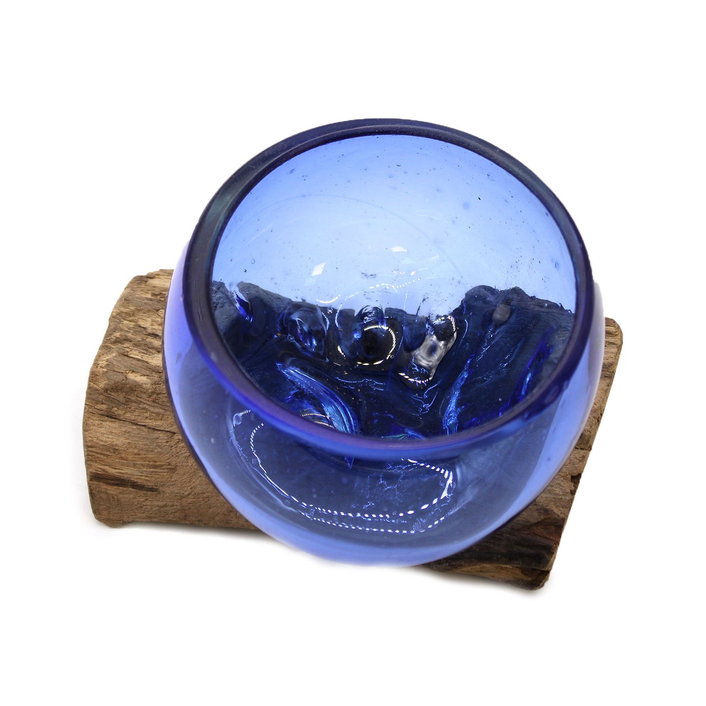 MOLTEN GLASS MINI BLUE BOWL ON WOODHOLDER