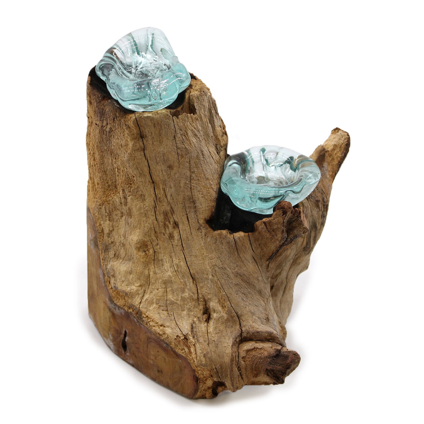 Driftwood with two glass candle holders on a white background