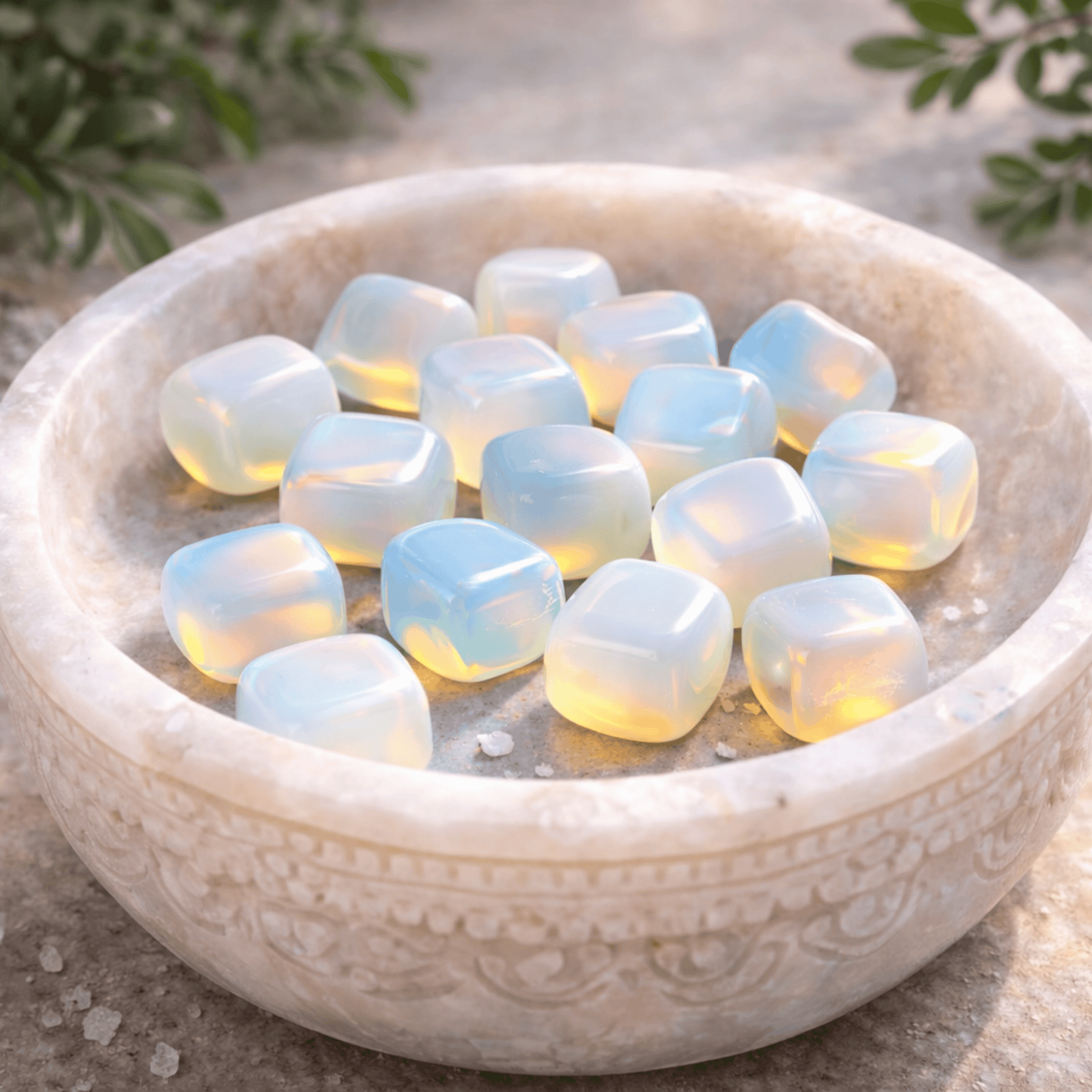 Opalite tumblestones in a beige basin