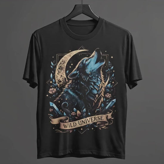 A short video of the black t-shirt featuring the blue and golden wolf hanging on a hanger and zooming in.