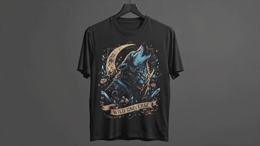 A short video of the black t-shirt featuring the blue and golden wolf hanging on a hanger and zooming in.