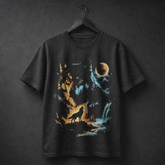 Moonlit Wolf Mystical T-Shirt printed on a black 100% cotton T-shirt featuring a majestic wolf beneath a glowing full moon with a mystical forest and waterfall design hanging on a black hanger.