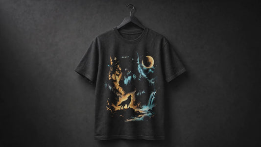 Moonlit Wolf Mystical T-Shirt printed on a black 100% cotton T-shirt featuring a majestic wolf beneath a glowing full moon with a mystical forest and waterfall design hanging on a black hanger.
