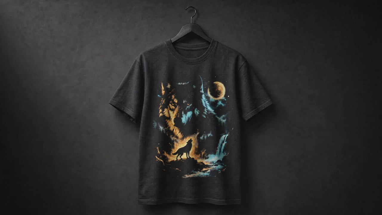 Moonlit Wolf Mystical T-Shirt printed on a black 100% cotton T-shirt featuring a majestic wolf beneath a glowing full moon with a mystical forest and waterfall design hanging on a black hanger.