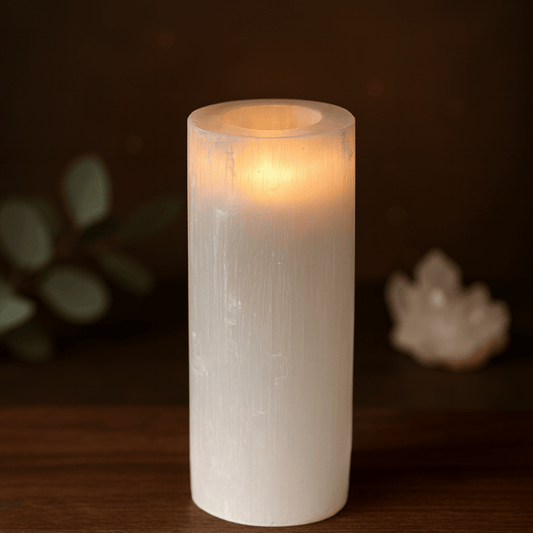 SELENITE CYLINDER TEALIGHT HOLDER – 8cm Diameter (Moroccan Selenite)